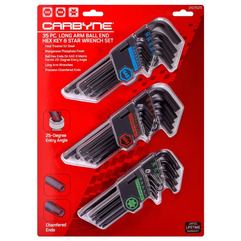 Carbyne 35-Piece Long Arm Ball End Allen Key Wrench Set, Inch/Metric/Torx. Includes Metric Hex 1.27mm-10mm, SAE Hex 0.05"-3/8", Torx T10-T50. Heat Treated S2 Steel - Image 2